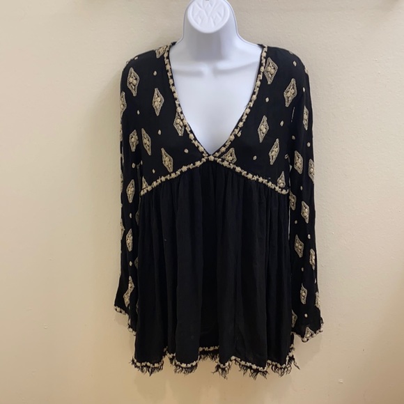 Free People Black White Boho Hi Low Mini Dress M - Picture 1 of 5